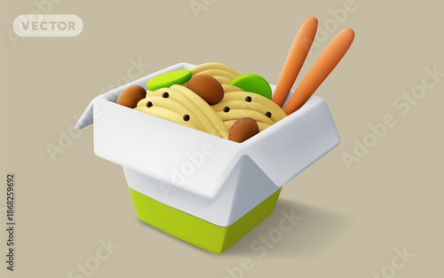 Vector illustration of asian meal with noodles with chopsticks in box. 3d style design of traditional asian dish. Japanese or korean fast food delivery. Tasty noodles with meat in cardboard box