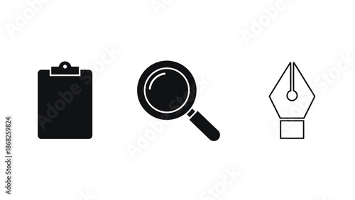Black icons depicting a clipboard magnifying glass and dip pen arrangement