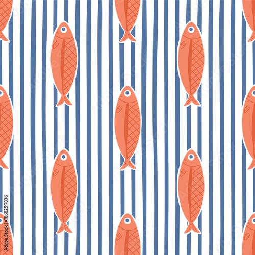 Blue coastal striped sardine fish seamless pattern. Ocean, marine, summer sea vacation repeat background. Hand drawn beach wallpaper, geometric print, wrap paper, retro fabric, vector textile design.