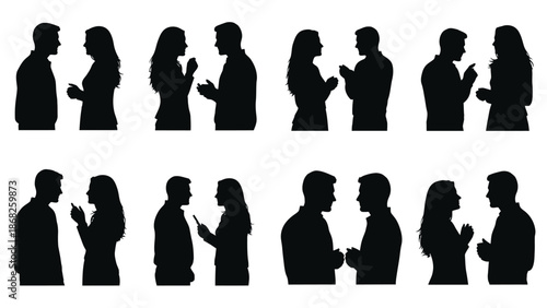 Silhouettes of people communicating and interacting in various conversational poses