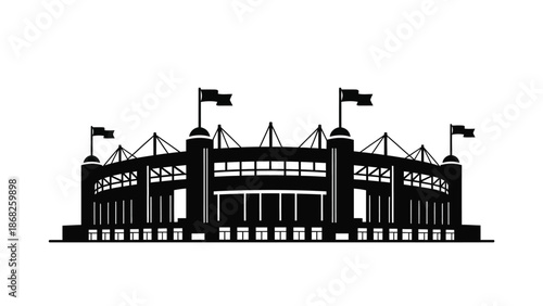 A striking black and white silhouette of a large sports stadium with flags
