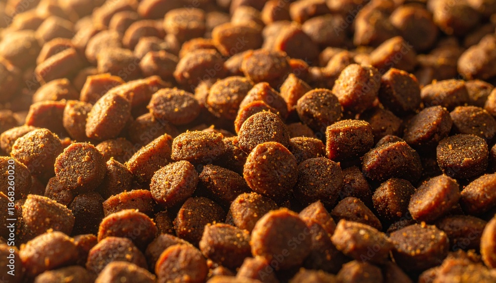 Obraz premium A detailed shot of a large pile of dark brown pet food kibble, showing the textured, granular surface of each small, irregular pellet under warm light.