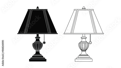 Two elegant table lamps in black and white line drawing style