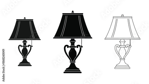 Three decorative lamps in varying shades and styles a black and white illustration