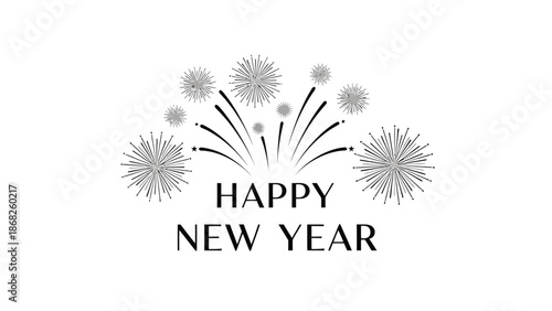 Festive fireworks and a happy new year greeting in a monochrome style