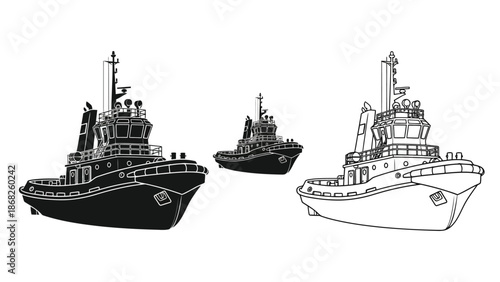 Detailed black and white illustrations of three different tugboats at sea