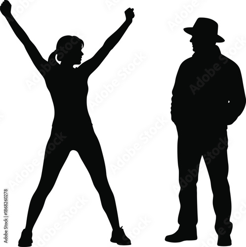 Woman celebrating victory silhouette raising arms beside man observer confidence success motivation isolated white background illustration concept empowerment leadership inspiration