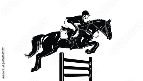 A black and white illustration of a horse and rider jumping an obstacle