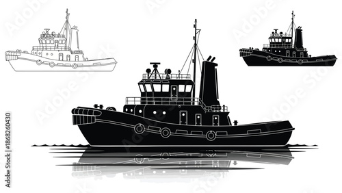 Black and white illustration of three tugboats on a calm body of water