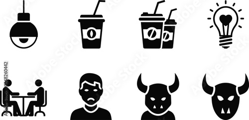 Black solid icon set showing coffee meeting ideas emotions devil mask symbols isolated white background modern ui illustration pack