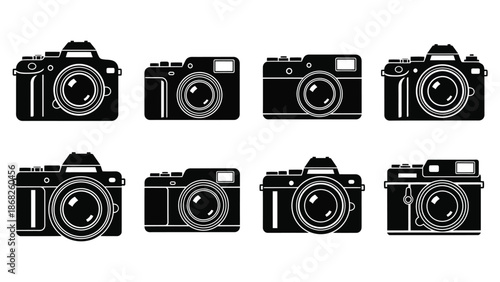 Collection of vintage and modern camera silhouettes on a white background