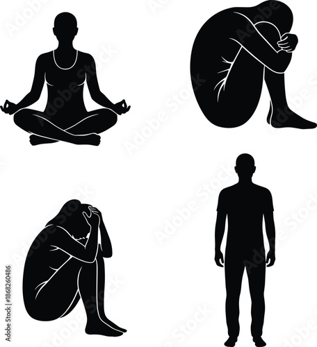 Human emotion silhouette set showing meditation sadness stress depression and calm mental health states isolated white background illustration concept