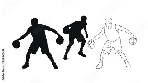 Basketball players in different styles silhouette and line art illustrations