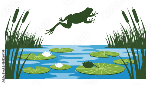 Frog jumping into pond with water lilies Vector, illustration