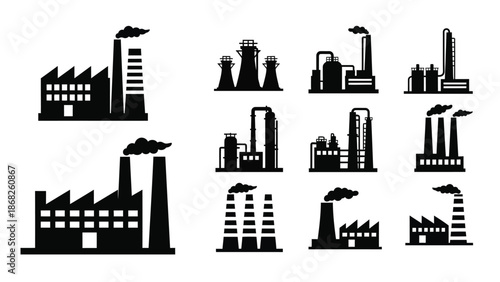 Collection of industrial factory buildings and smokestacks in a black and white style