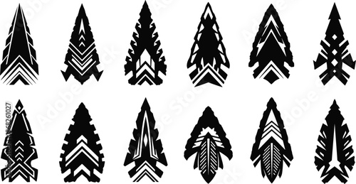 Collection of ancient arrowhead silhouettes vector illustration, tribal flint spearhead icons set, ethnic primitive weapon symbols for hunting, outdoor adventure, history.