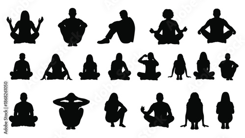 Silhouettes of people practicing various yoga poses and meditation techniques