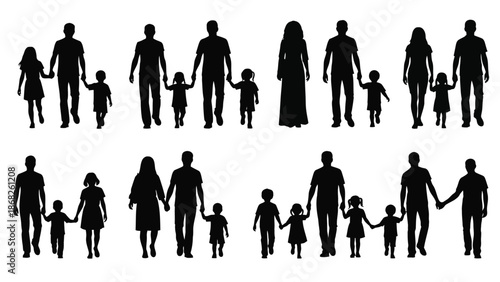 Silhouettes of diverse families walking together illustrating connection and unity