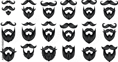 Large collection of men beard and mustache styles vector illustration set, vintage barber shop grooming icons, facial hair silhouettes for men.