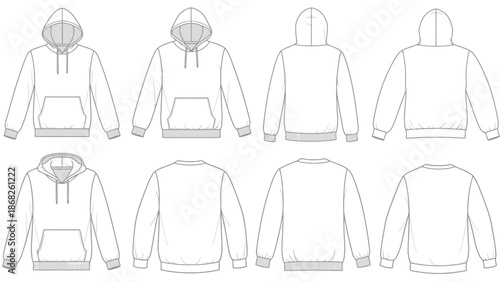 Technical illustration of a hoodie garment in various views for design