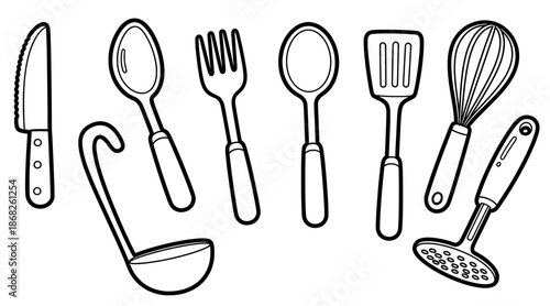 Kitchen utensils illustration featuring a knife, ladle, fork, spoon, spatula, whisk, and masher, showcasing essential cooking tools for culinary enthusiasts and home chefs