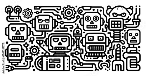 Line art illustration featuring various robot designs interconnected with circuits and gears, showcasing a futuristic technology theme with playful elements and intricate details