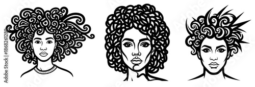 Three diverse women with unique hairstyles, showcasing different textures and styles, emphasizing individuality and cultural expression in a creative illustration format