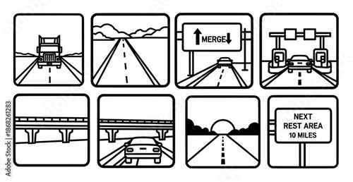 Black and white illustration depicting various road signs and vehicles, showcasing highway navigation, merging lanes, rest areas, and scenic driving elements for travel guidance