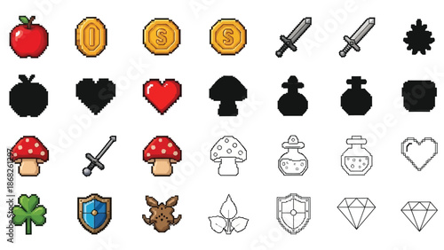 Pixel art collection featuring apples hearts coins weapons and various icons