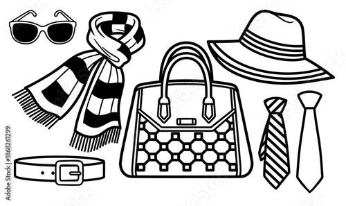 Fashion accessories illustration featuring stylish sunglasses, a striped scarf, a wide-brimmed hat, a designer handbag, and elegant ties, showcasing modern trends and chic aesthetics