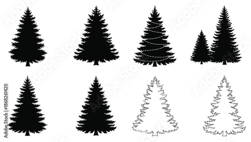 A collection of stylized evergreen tree silhouettes in varying shapes and sizes