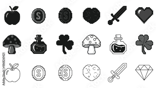 Collection of black and white icons apples coins mushrooms and more
