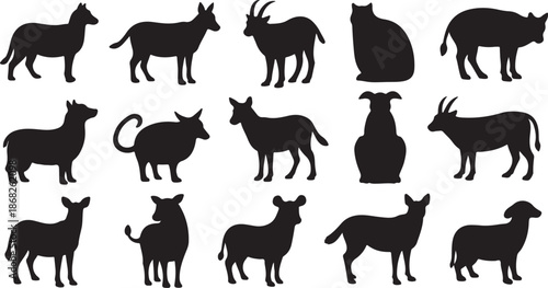 Black silhouettes of various goat breeds and animals