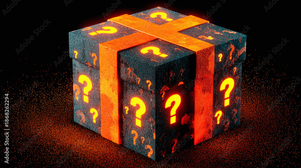 Obraz premium A mysterious gift box, wrapped with an orange ribbon, is covered with glowing question marks, leaving you wondering what could be inside.