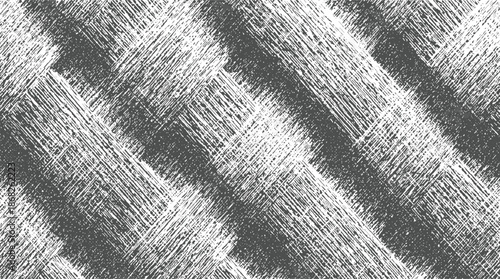 An abstract, monochromatic background showcasing a dense, scratchy, and distressed texture formed by intersecting diagonal lines in dark gray and white, creating a rough surface effect
