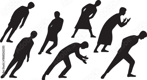 Silhouettes of people in various poses and movements