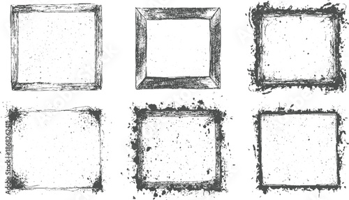 Assortment of six square frames with varied distressed textures, including splatters and rough edges, adding a vintage feel