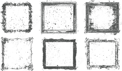 Collection of six distressed square and rectangular grunge frames with splattered ink textures and rough edges vintage
