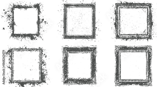 Group of six square frames showcasing splatter effects and rough brush strokes creating a chaotic yet artistic distressed look for