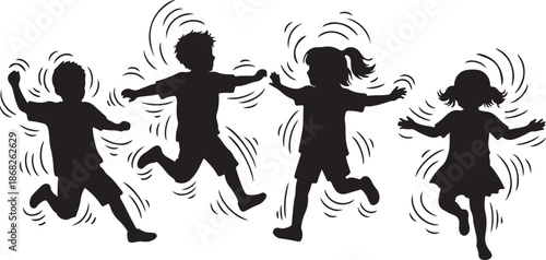 Children Running Silhouettes in Motion with Joyful Expressions