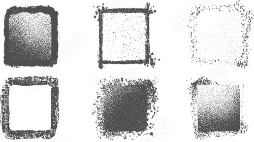 Group of six square grunge frames with dense speckle textures and rough irregular edges creating a gritty or artistic visual impact