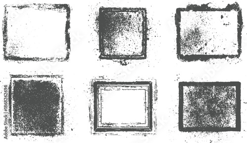 Set of six grunge square and rectangular frames with rough textured borders and speckled dark gray on a white background projects
