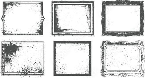 Group of six vintage and grunge rectangular frames showcasing ornate details, ink splatters, and distressed textures for creative projects