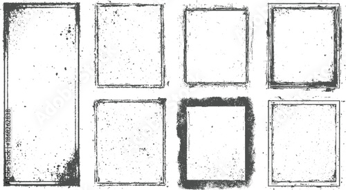 Collection of eight distressed grunge rectangular and square frames with splattered ink textures and rough edges vintage