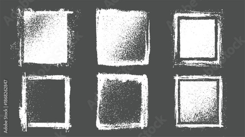 Collection of six distressed square frames with textured grunge borders and speckled white paint on a dark gray background