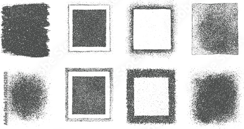 Assortment of eight grunge frames including a circular shape and various square and rectangular with dense speckle and rough edges