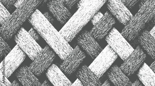 A close-up view of a robust, woven texture with a distinct interlaced pattern of thick, scratchy fibers in a monochromatic dark gray and white palette, conveying a sense of strength