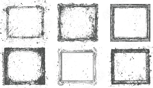 Assortment of six artistic grunge frames featuring distressed borders splattered with dark gray paint and speckles on a clean white background for creative use