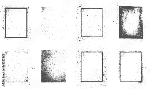 Eight grunge-style square frames with varying degrees of ink splatters and textures for diverse and overlay purposes