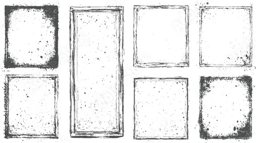 Set of eight varied grunge frames featuring distressed textures splattered ink and uneven edges adding a vintage or artistic touch to